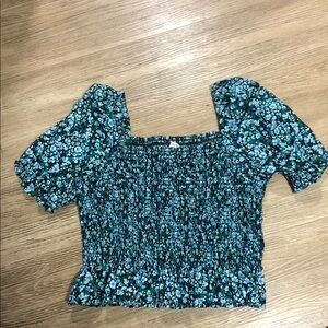 J. Crew Blue and Green Floral Puff Sleeve Blouse L